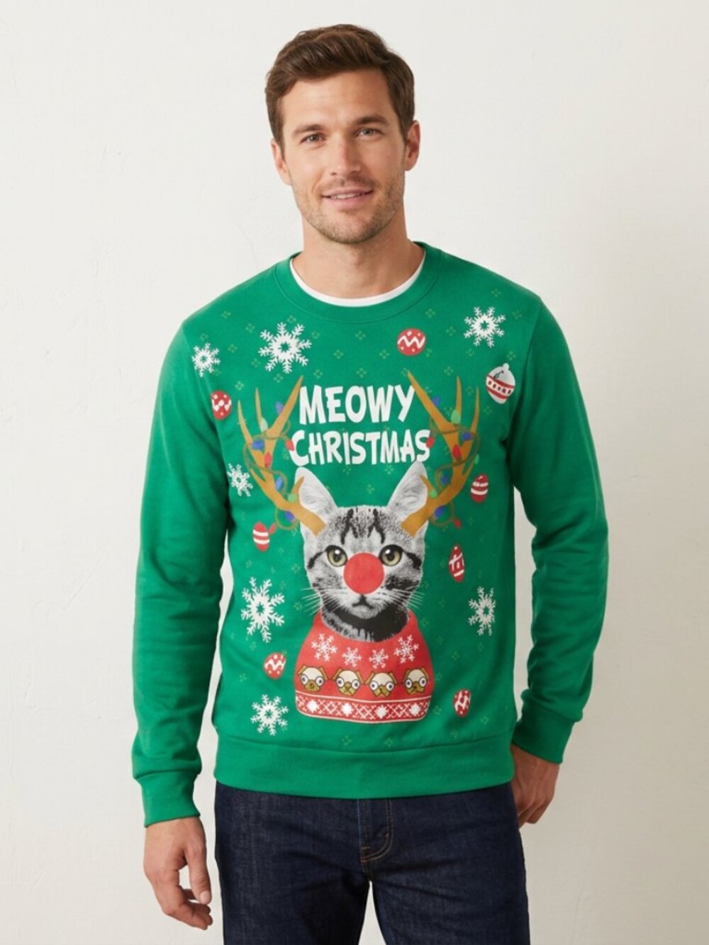 Men's Green "Meowy Christmas" ugly holiday sweater from the brand Well Worn